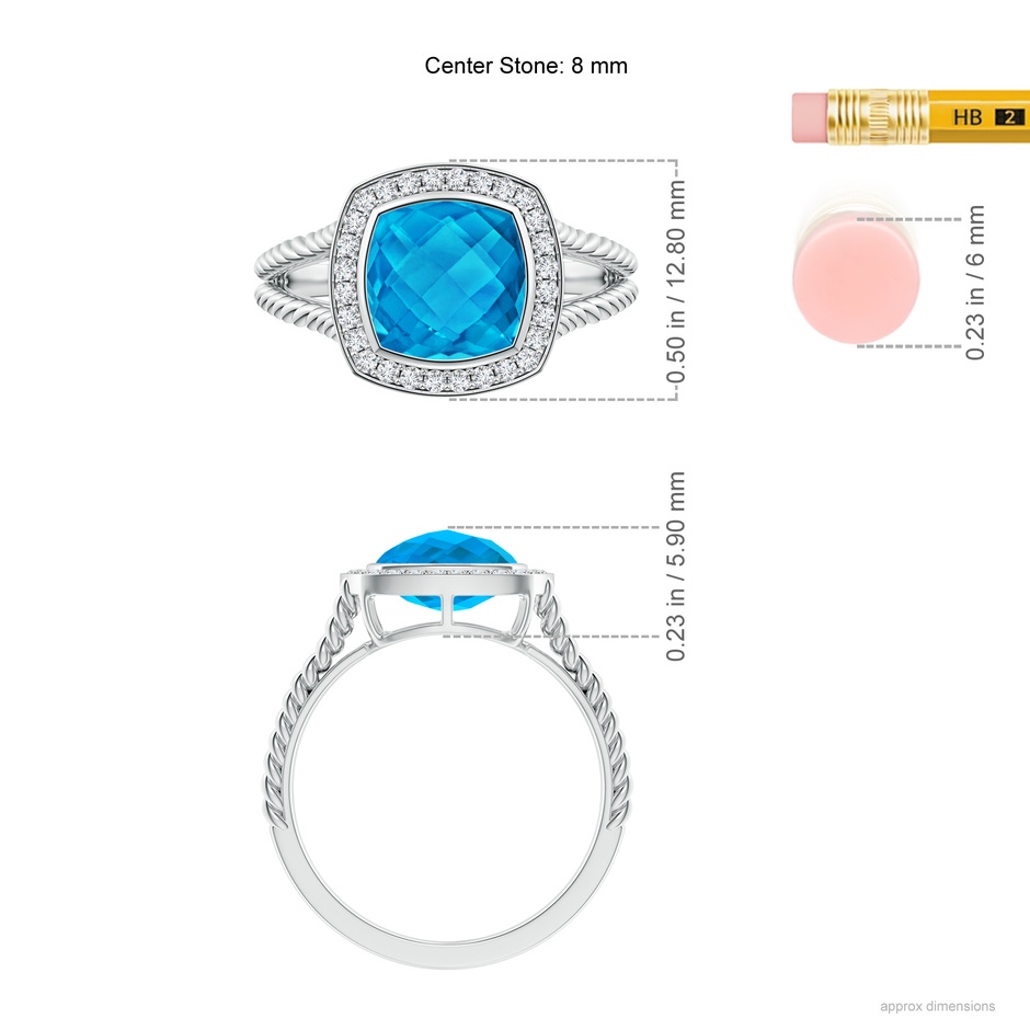 8mm AAAA Cushion Swiss Blue Topaz Twisted Rope Ring with Diamond Halo in White Gold ruler