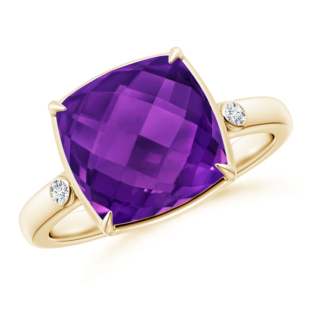 10mm AAAA Cushion Amethyst Cocktail Ring with Bezel Diamonds in Yellow Gold