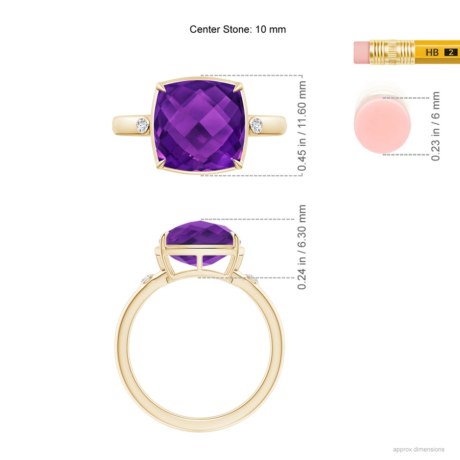 10mm AAAA Cushion Amethyst Cocktail Ring with Bezel Diamonds in Yellow Gold ruler