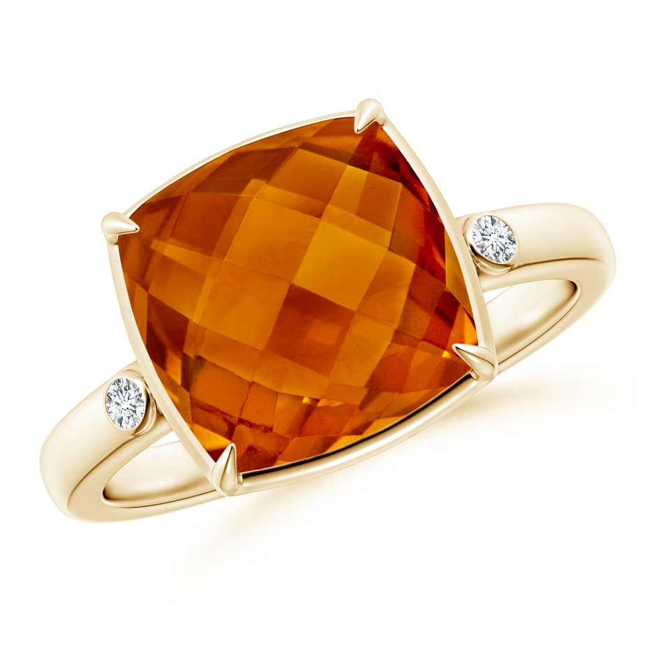 10mm AAAA Cushion Citrine Cocktail Ring with Bezel Diamonds in Yellow Gold 