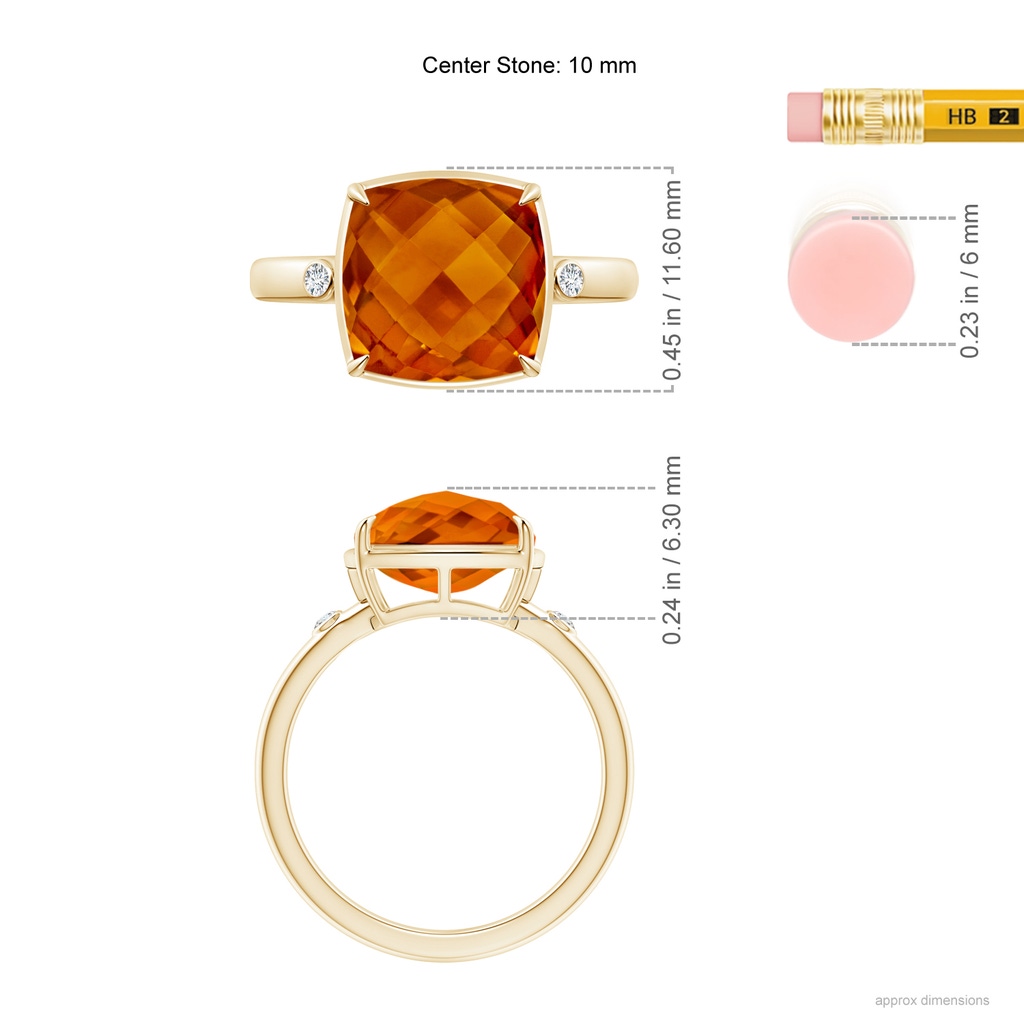 10mm AAAA Cushion Citrine Cocktail Ring with Bezel Diamonds in Yellow Gold Ruler