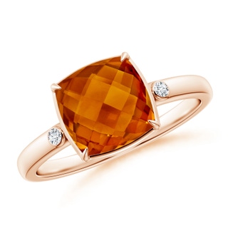 8mm AAAA Cushion Citrine Cocktail Ring with Bezel Diamonds in 10K Rose Gold