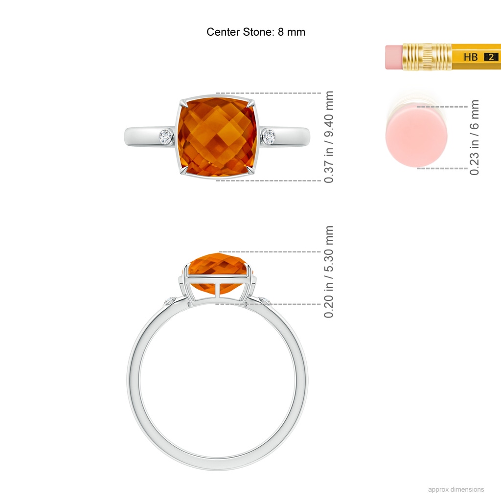8mm AAAA Cushion Citrine Cocktail Ring with Bezel Diamonds in P950 Platinum Ruler