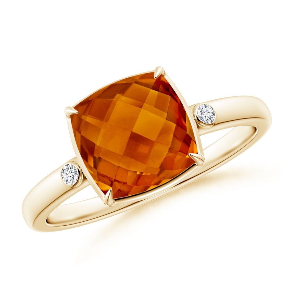 8mm AAAA Cushion Citrine Cocktail Ring with Bezel Diamonds in Yellow Gold 