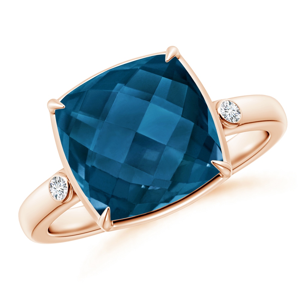 10mm AAAA Cushion London Blue Topaz Cocktail Ring with Bezel Diamonds in Rose Gold
