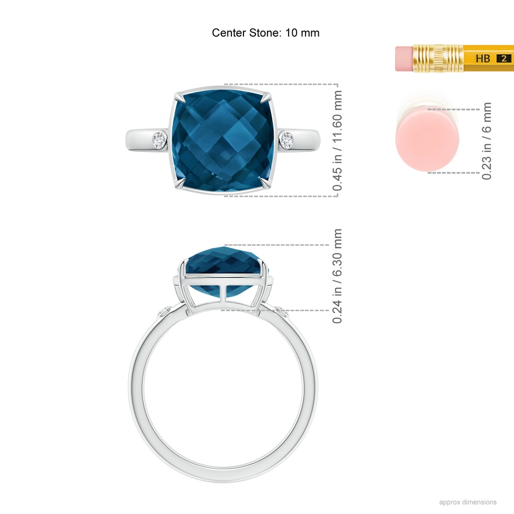 10mm AAAA Cushion London Blue Topaz Cocktail Ring with Bezel Diamonds in White Gold Ruler
