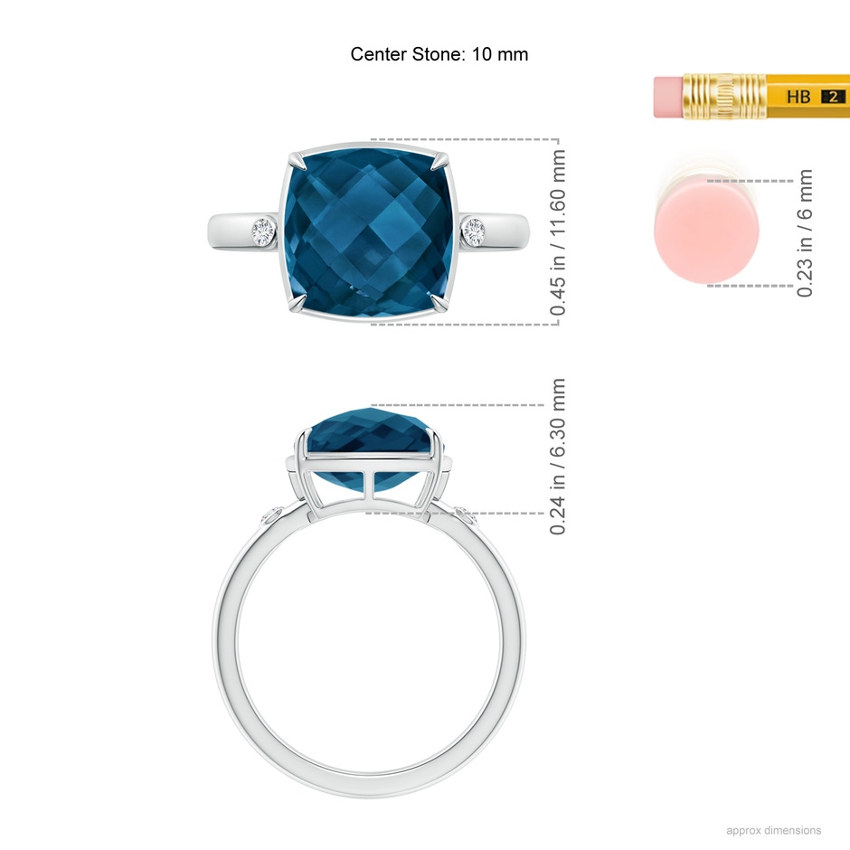 10mm AAAA Cushion London Blue Topaz Cocktail Ring with Bezel Diamonds in White Gold ruler