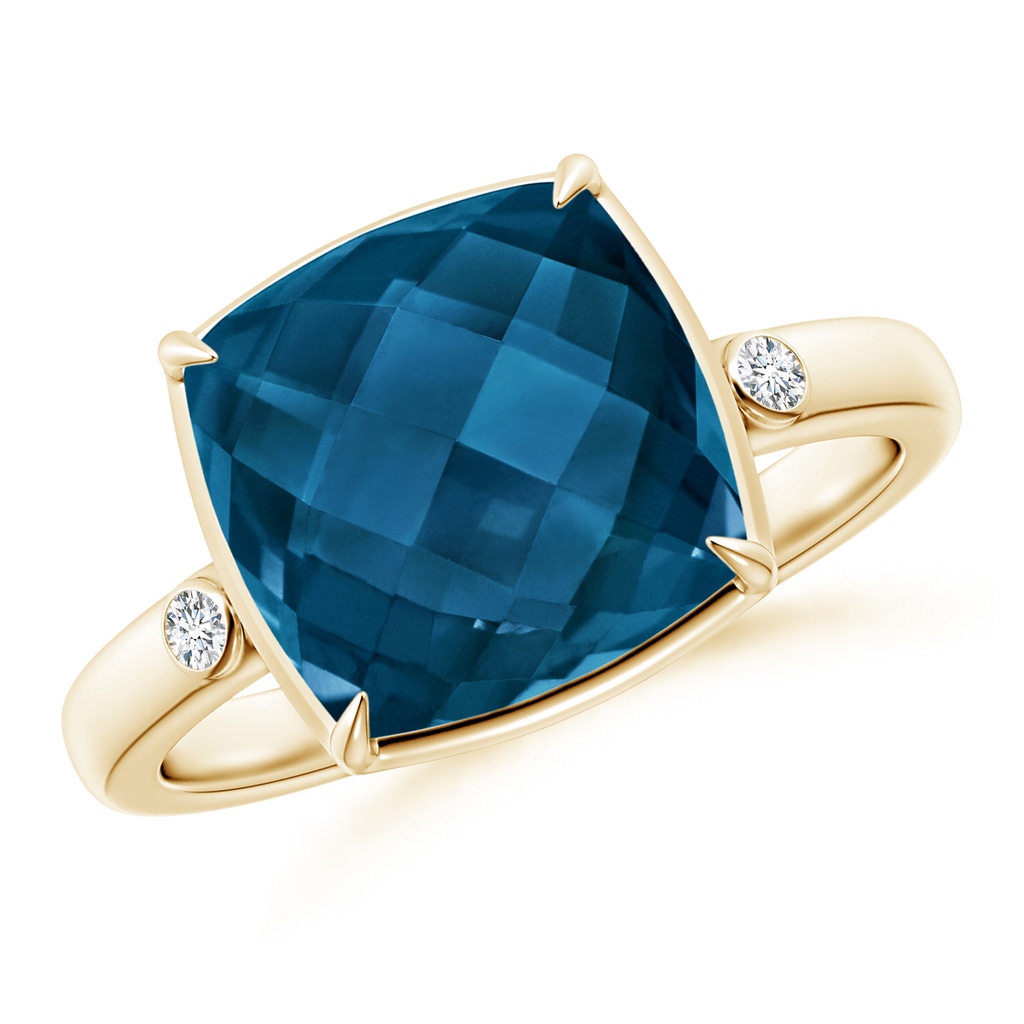 10mm AAAA Cushion London Blue Topaz Cocktail Ring with Bezel Diamonds in Yellow Gold