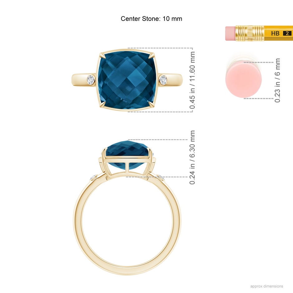 10mm AAAA Cushion London Blue Topaz Cocktail Ring with Bezel Diamonds in Yellow Gold ruler