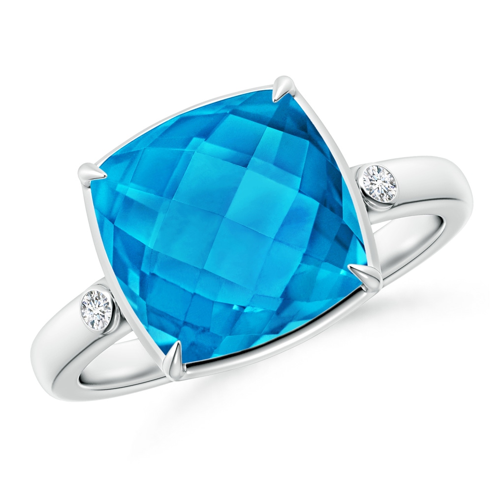 10mm AAAA Cushion Swiss Blue Topaz Cocktail Ring with Bezel Diamonds in White Gold