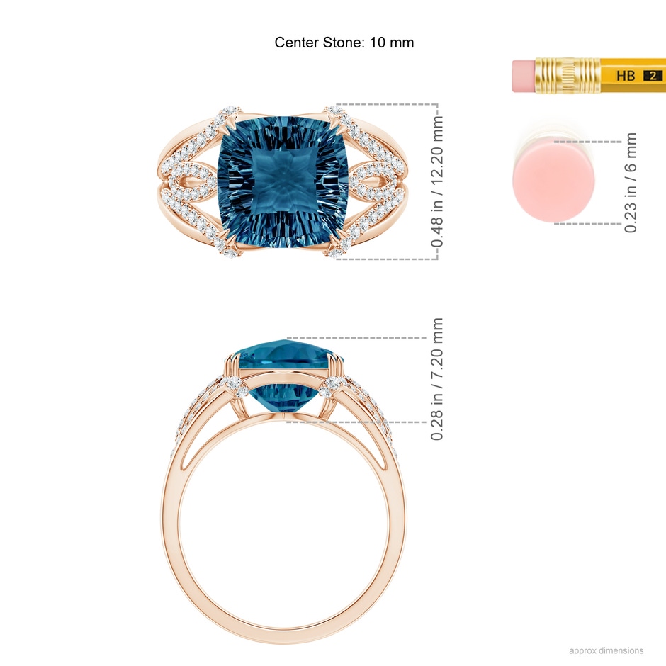 10mm AAAA Cushion London Blue Topaz Wave Shank Cocktail Ring in Rose Gold ruler
