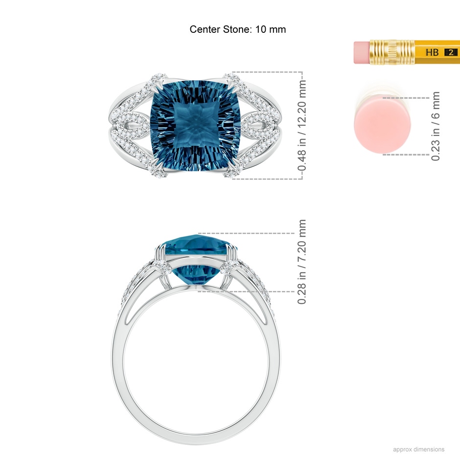 10mm AAAA Cushion London Blue Topaz Wave Shank Cocktail Ring in White Gold ruler