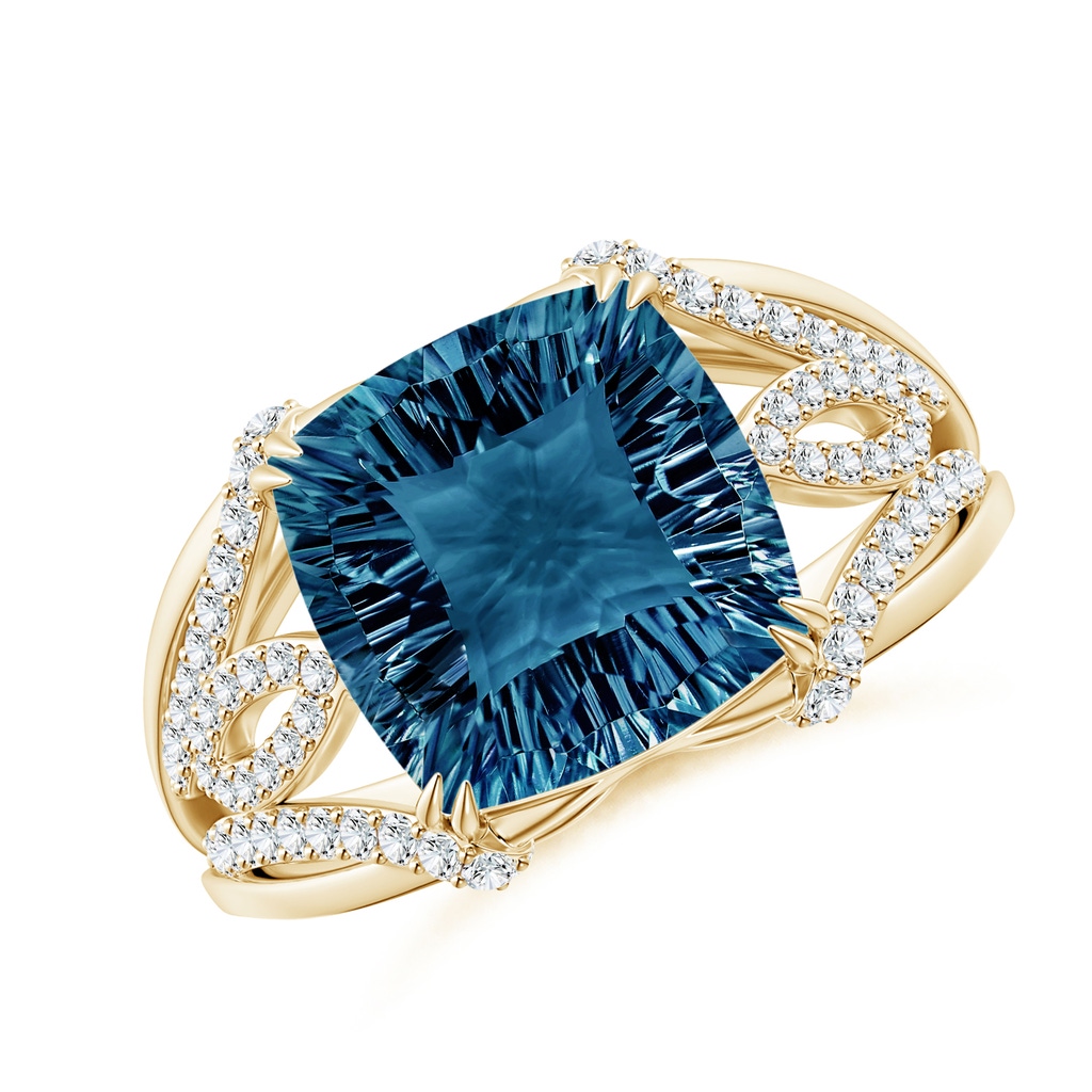 10mm AAAA Cushion London Blue Topaz Wave Shank Cocktail Ring in Yellow Gold