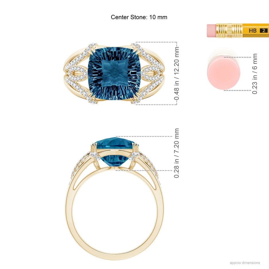 10mm AAAA Cushion London Blue Topaz Wave Shank Cocktail Ring in Yellow Gold ruler