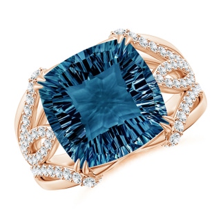 12mm AAAA Cushion London Blue Topaz Wave Shank Cocktail Ring in Rose Gold