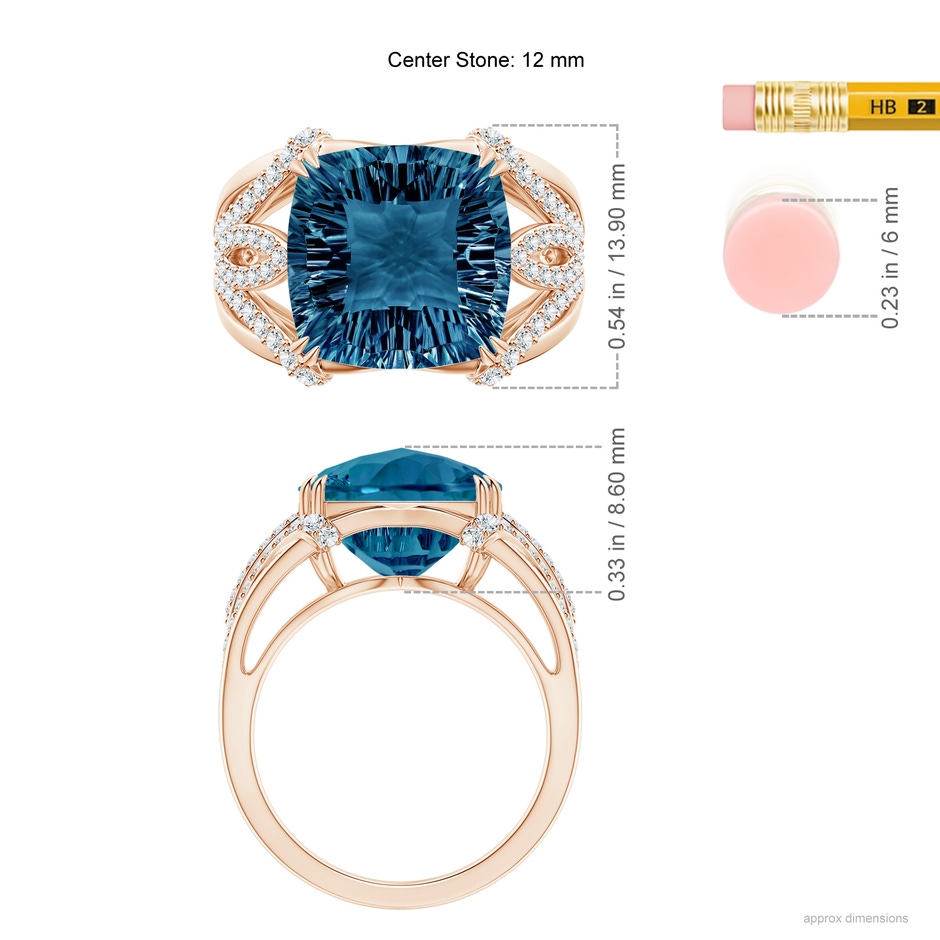 12mm AAAA Cushion London Blue Topaz Wave Shank Cocktail Ring in Rose Gold ruler