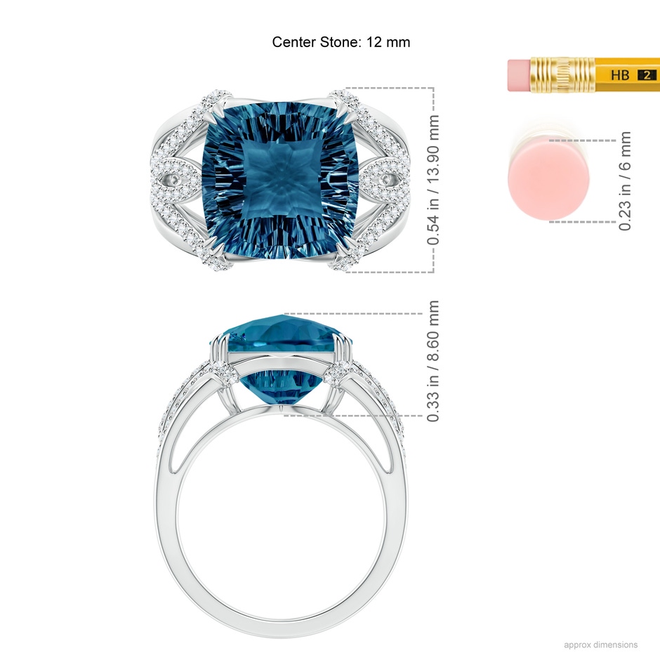 12mm AAAA Cushion London Blue Topaz Wave Shank Cocktail Ring in White Gold ruler