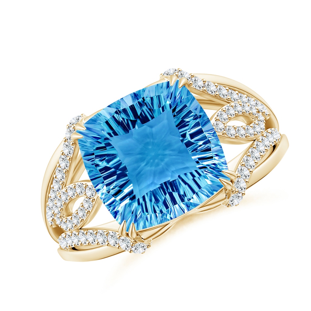 10mm AAAA Cushion Swiss Blue Topaz Wave Shank Cocktail Ring in Yellow Gold