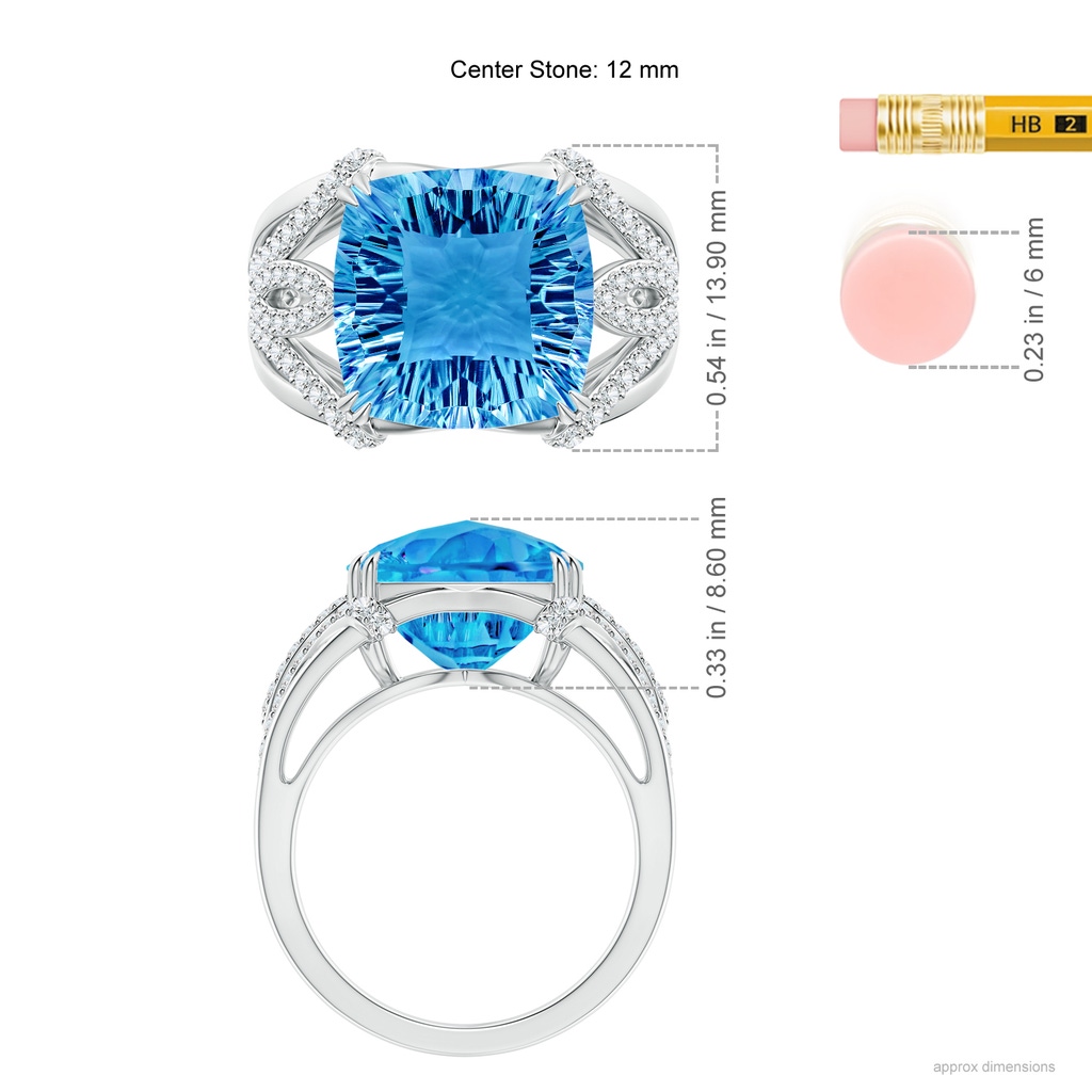 12mm AAAA Cushion Swiss Blue Topaz Wave Shank Cocktail Ring in White Gold Ruler