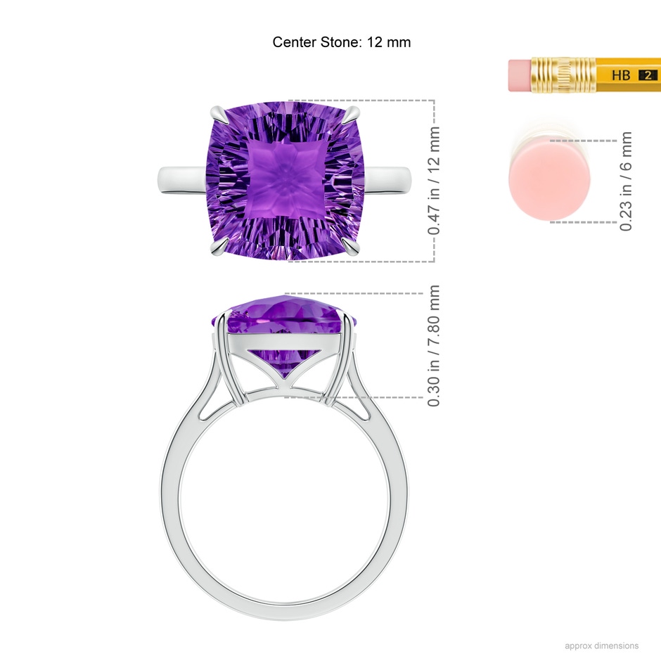 12mm AAAA Claw-Set Cushion Amethyst Solitaire Cocktail Ring in White Gold ruler