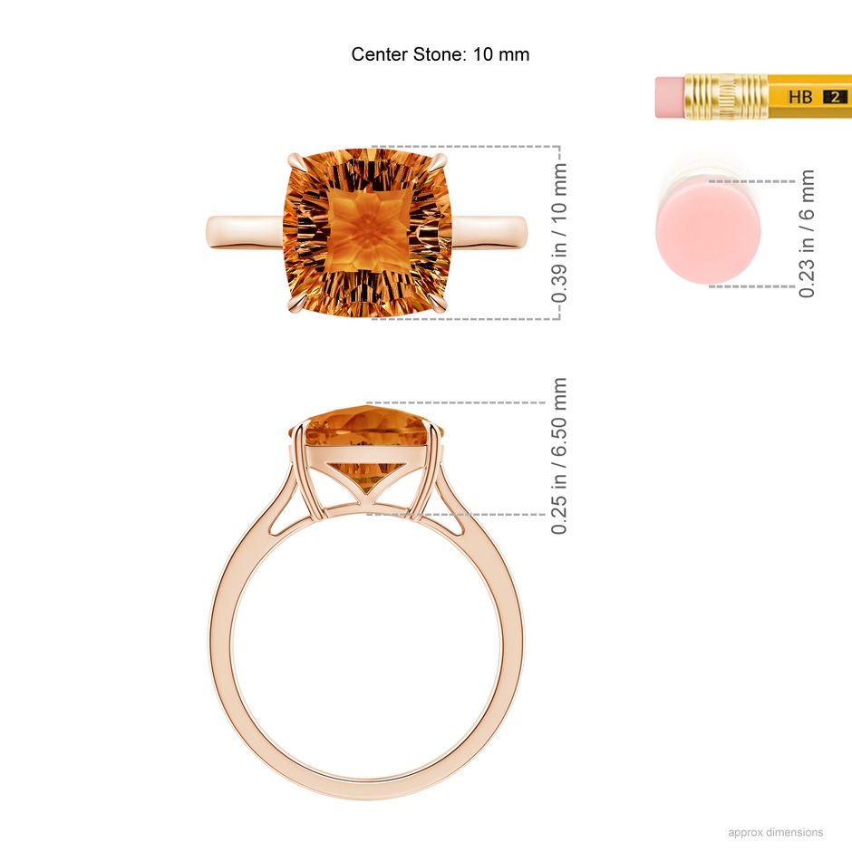 10mm AAAA Claw-Set Cushion Citrine Solitaire Cocktail Ring in Rose Gold ruler