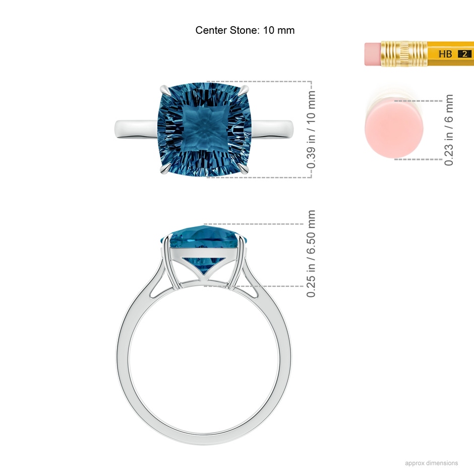 10mm AAAA Claw-Set Cushion London Blue Topaz Solitaire Cocktail Ring in P950 Platinum ruler