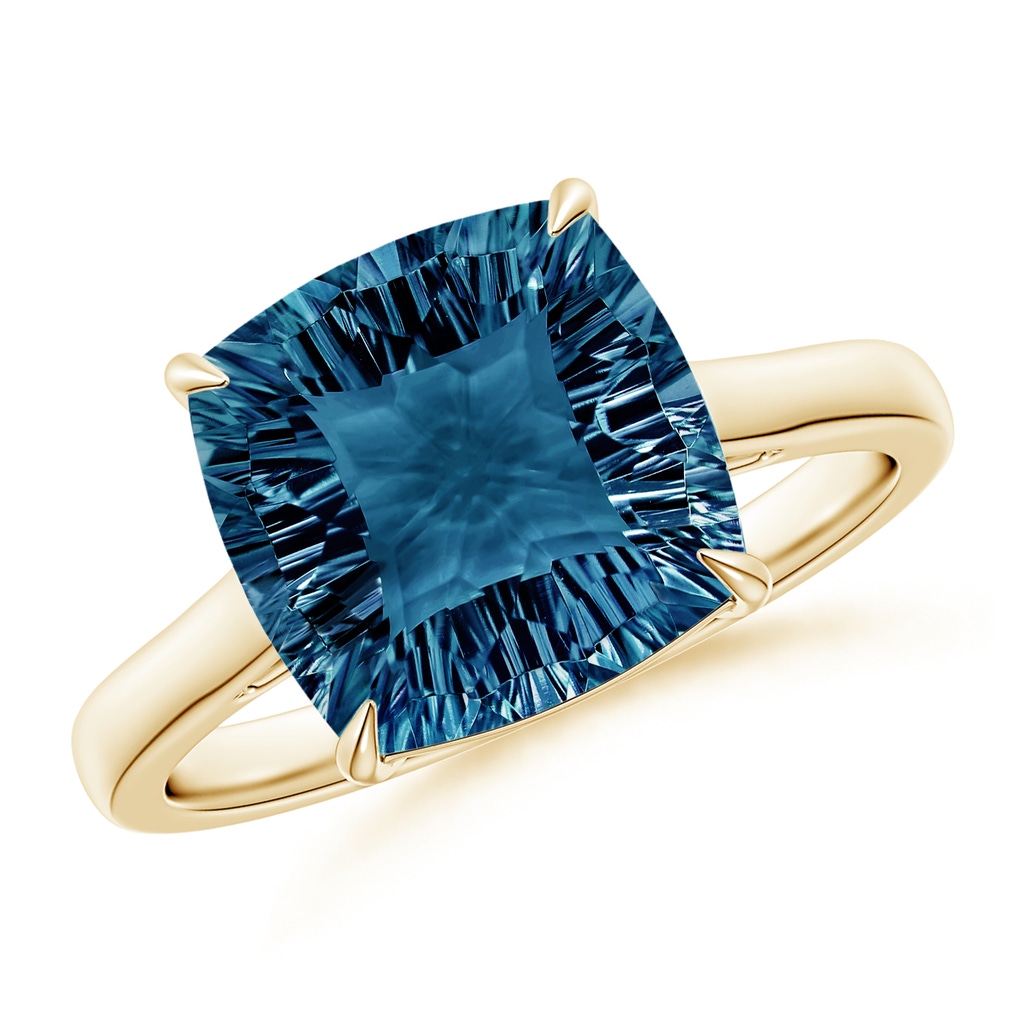 10mm AAAA Claw-Set Cushion London Blue Topaz Solitaire Cocktail Ring in Yellow Gold