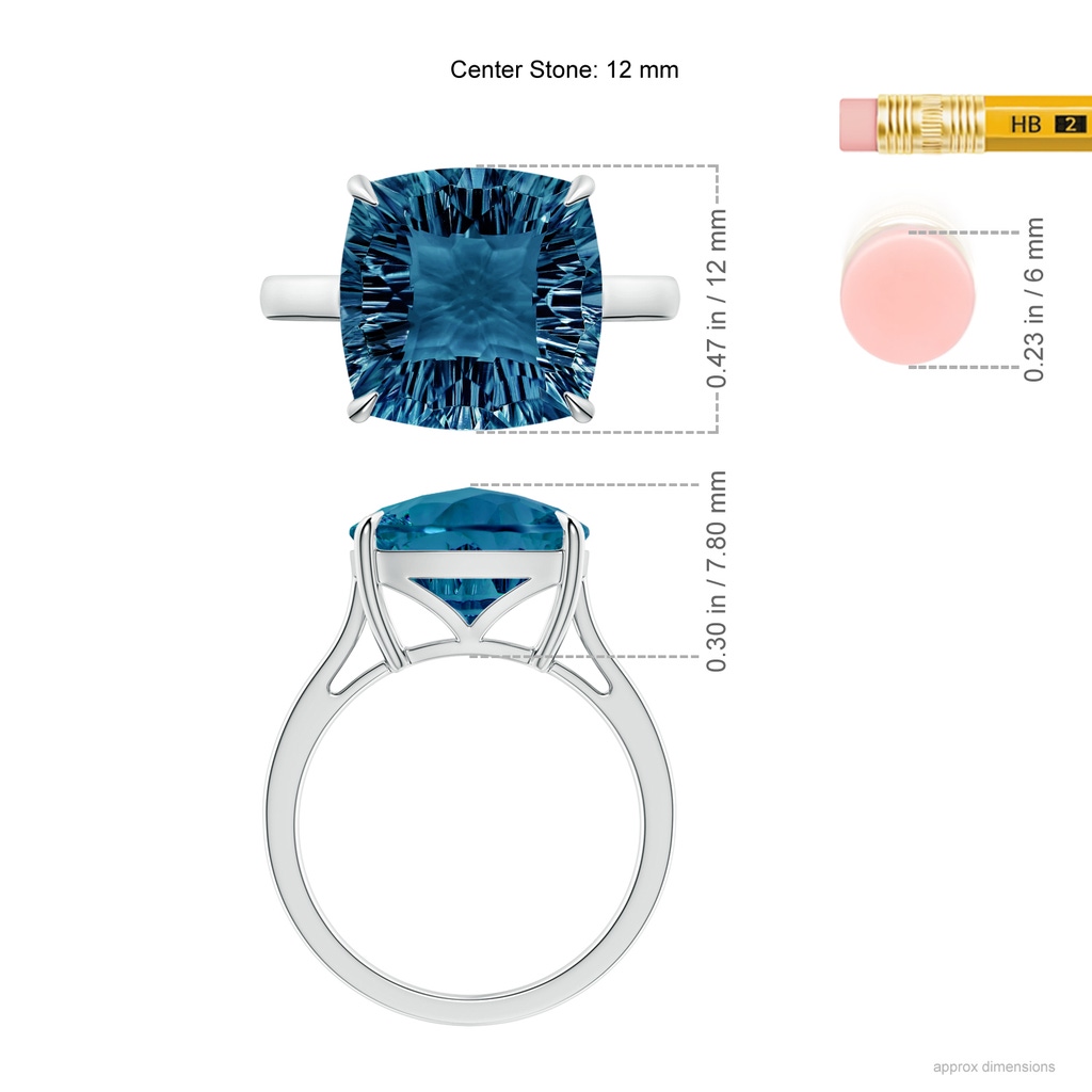 12mm AAAA Claw-Set Cushion London Blue Topaz Solitaire Cocktail Ring in P950 Platinum Ruler