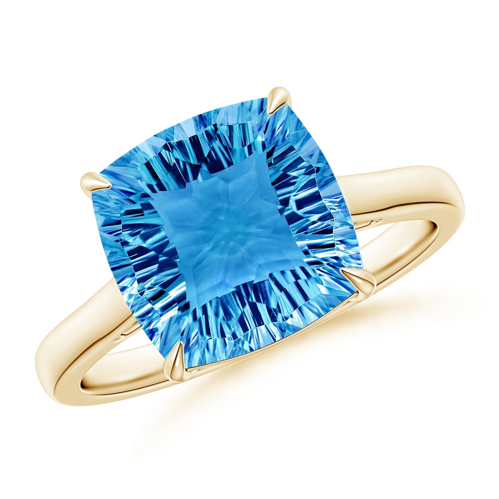 10mm AAAA Claw-Set Cushion Swiss Blue Topaz Solitaire Cocktail Ring in Yellow Gold