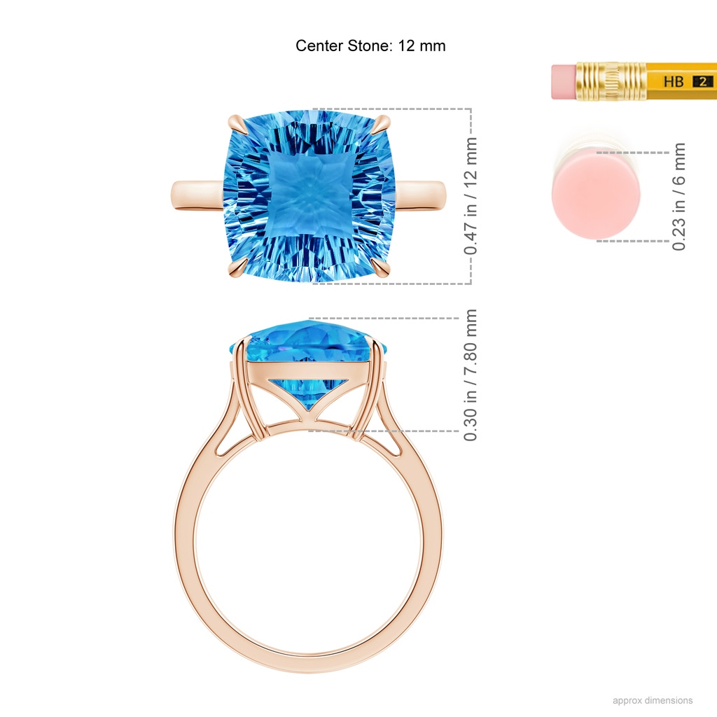 12mm AAAA Claw-Set Cushion Swiss Blue Topaz Solitaire Cocktail Ring in Rose Gold Ruler