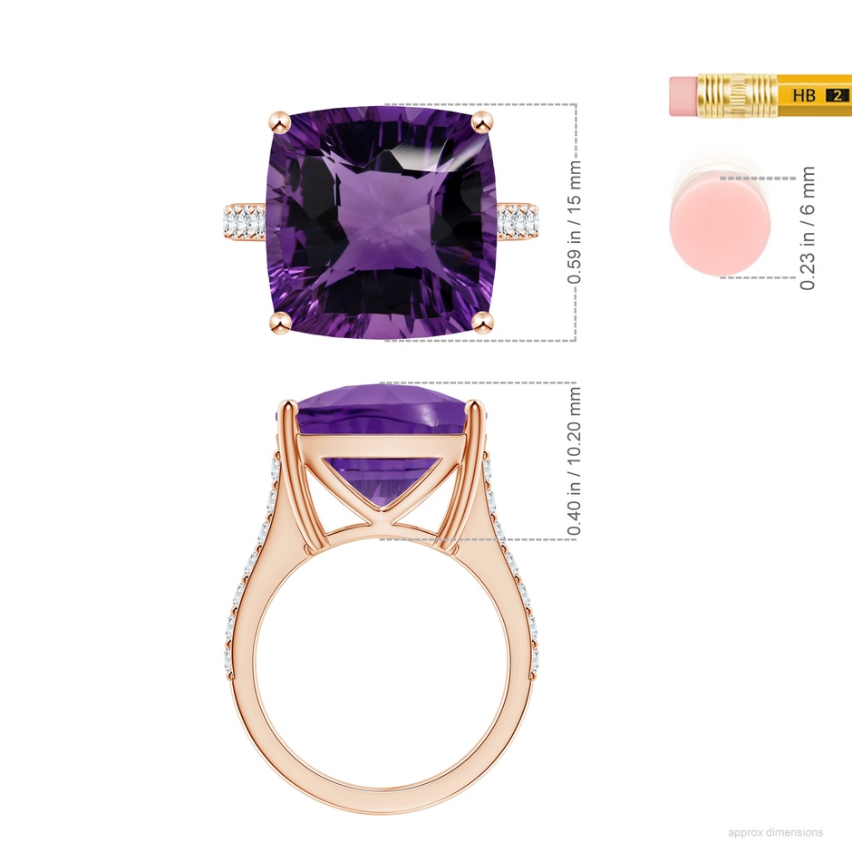 15.04x15.02x9.98mm AAAA GIA Certified Cushion Amethyst Cocktail Ring with Diamonds in 18K Rose Gold ruler