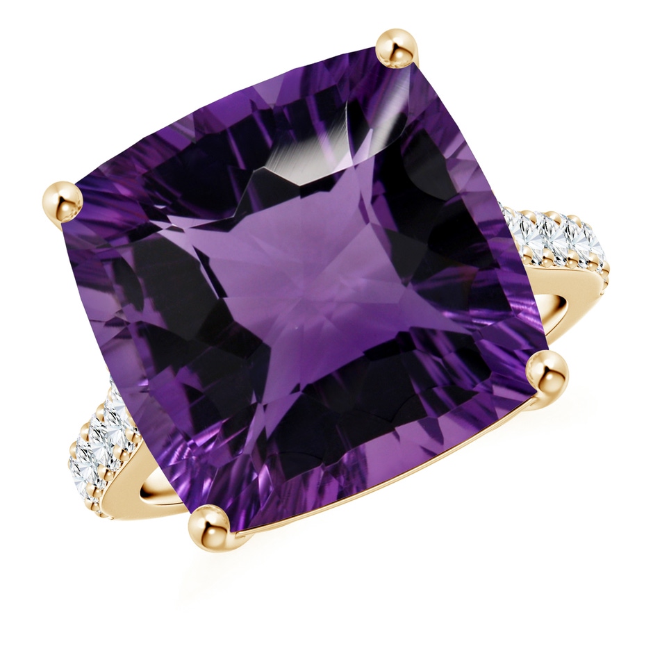 15.04x15.02x9.98mm AAAA GIA Certified Cushion Amethyst Cocktail Ring with Diamonds in Yellow Gold 