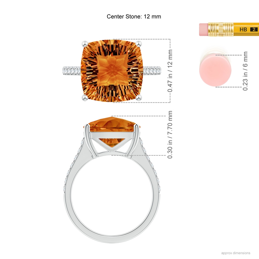 12mm AAAA Cushion Citrine Cocktail Ring with Diamonds in White Gold Ruler