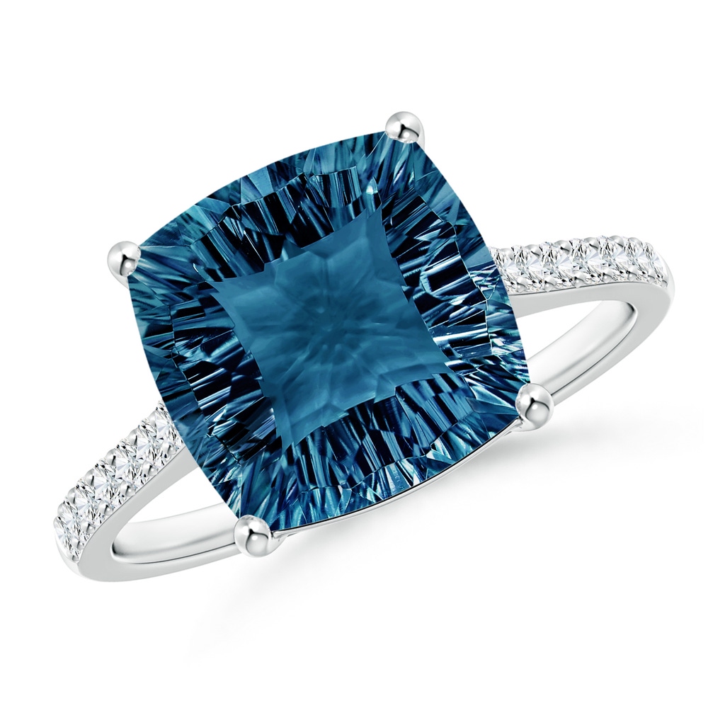 10mm AAAA Cushion London Blue Topaz Ring with Diamonds in White Gold