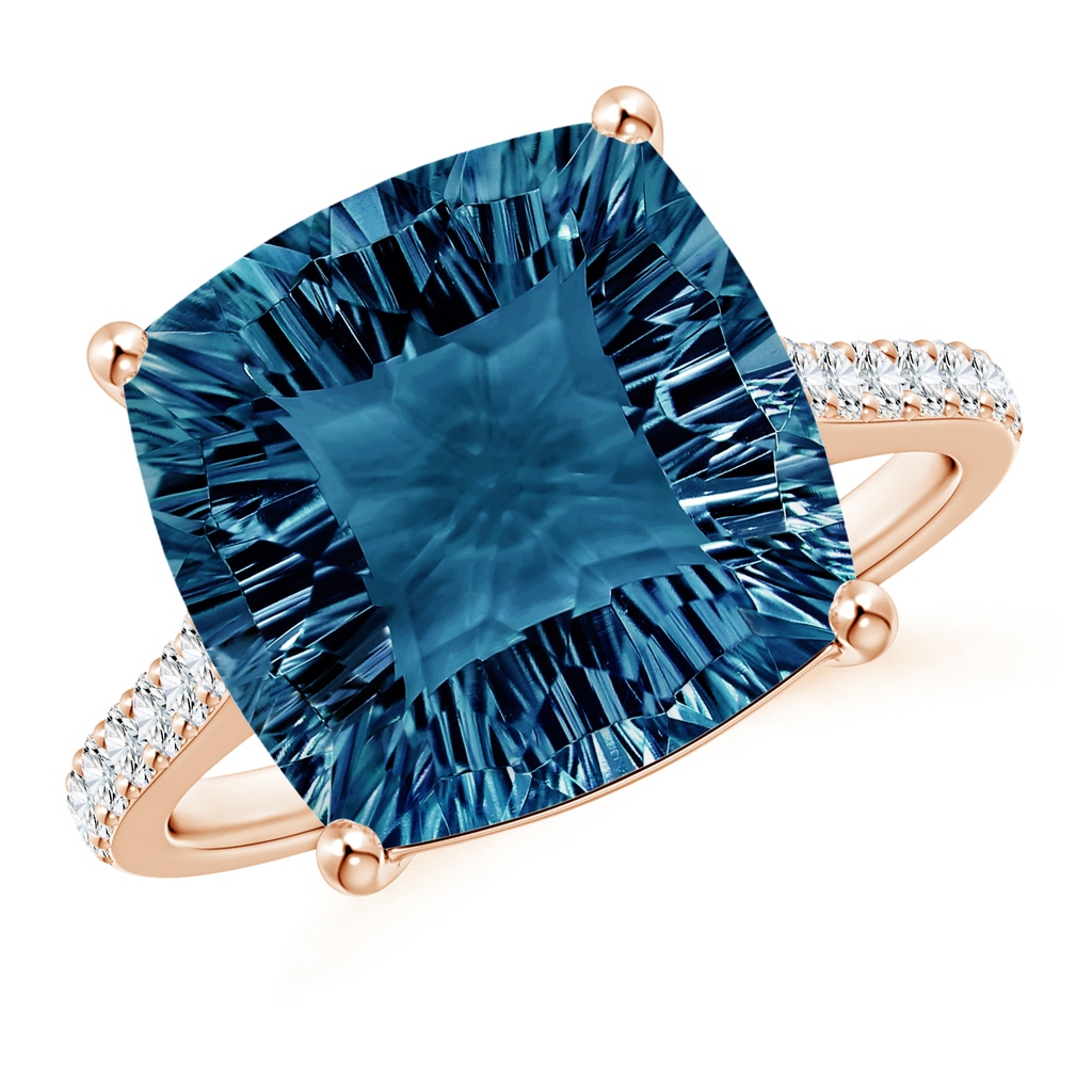 12mm AAAA Cushion London Blue Topaz Ring with Diamonds in Rose Gold