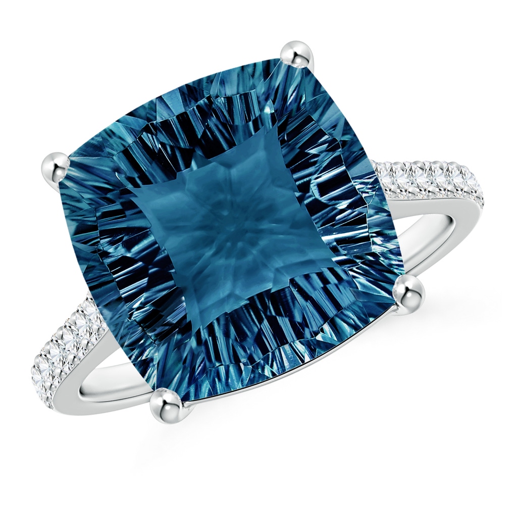 12mm AAAA Cushion London Blue Topaz Ring with Diamonds in White Gold