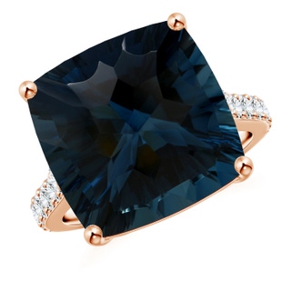 15.00x14.86x10.07mm AAAA GIA Certified Cushion London Blue Topaz Cocktail Ring with Diamonds in 10K Rose Gold