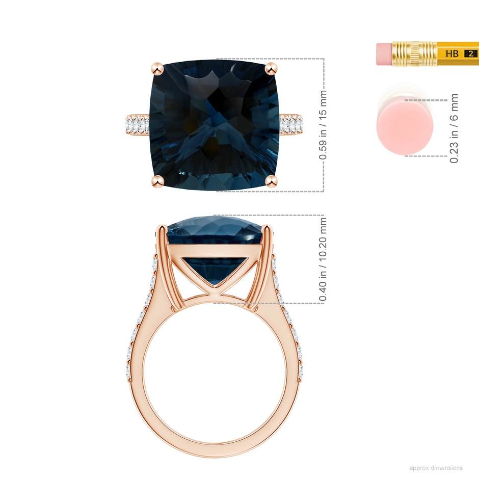 15.00x14.86x10.07mm AAAA GIA Certified Cushion London Blue Topaz Cocktail Ring with Diamonds in 18K Rose Gold ruler