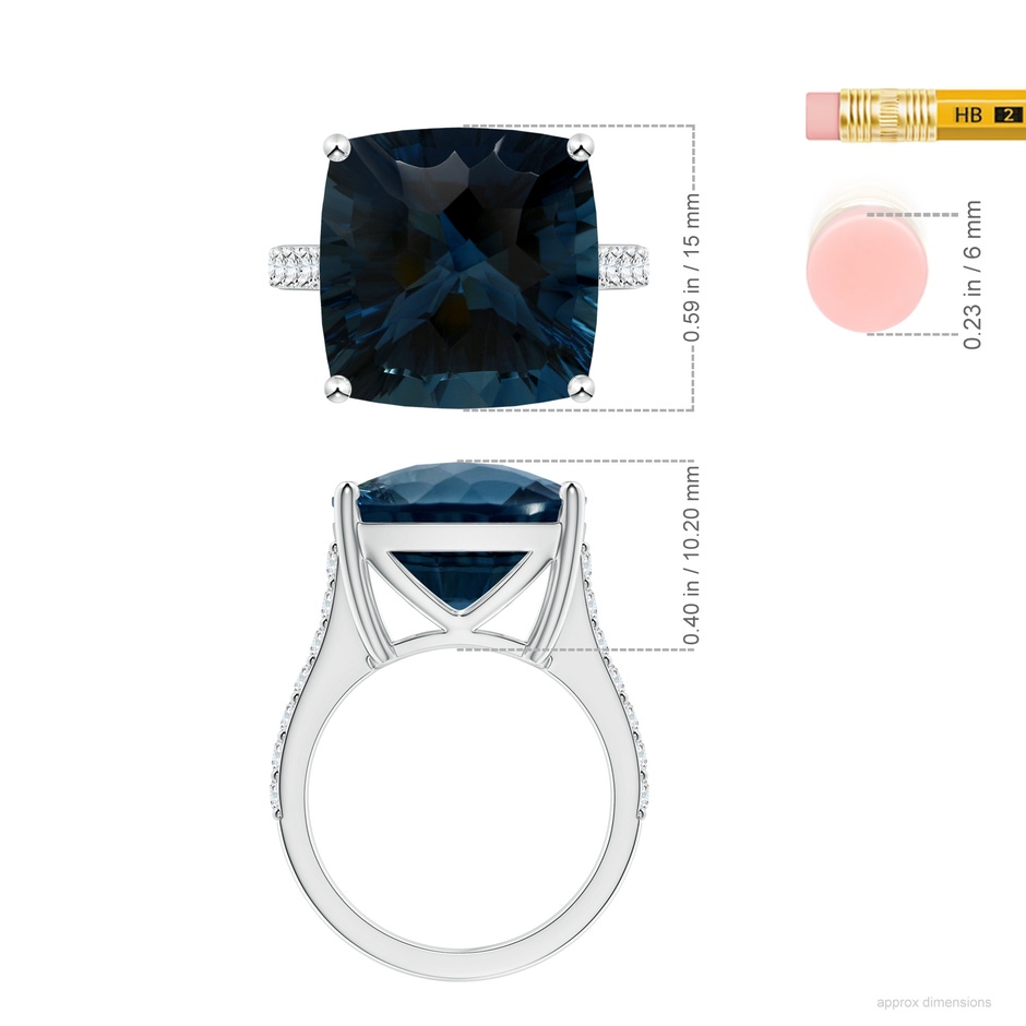 15.00x14.86x10.07mm AAAA GIA Certified Cushion London Blue Topaz Cocktail Ring with Diamonds in 18K White Gold ruler