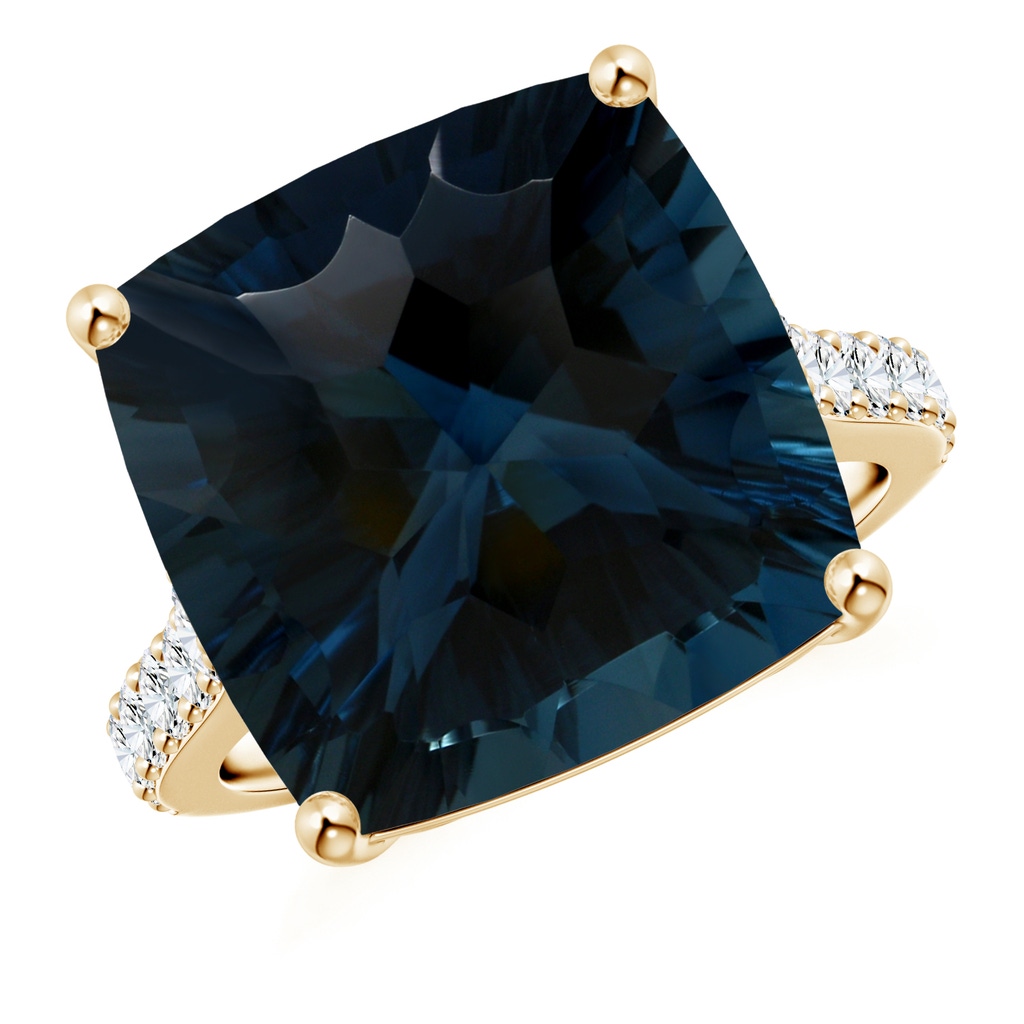 15.00x14.86x10.07mm AAAA GIA Certified Cushion London Blue Topaz Cocktail Ring with Diamonds in Yellow Gold
