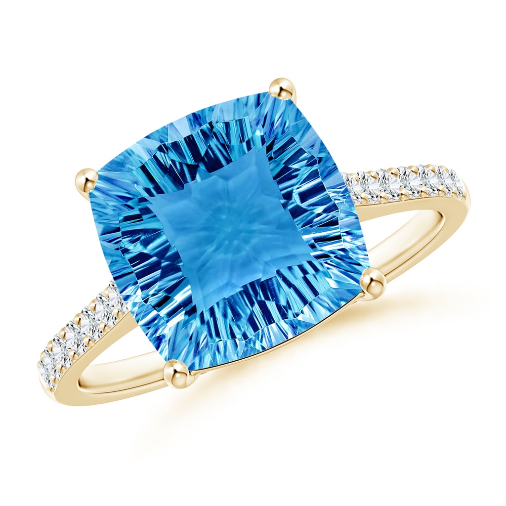 10mm AAAA Cushion Swiss Blue Topaz Cocktail Ring with Diamonds in Yellow Gold
