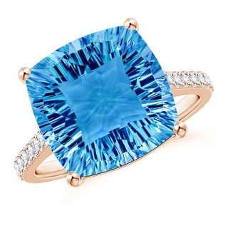 12mm AAAA Cushion Swiss Blue Topaz Cocktail Ring with Diamonds in 9K Rose Gold