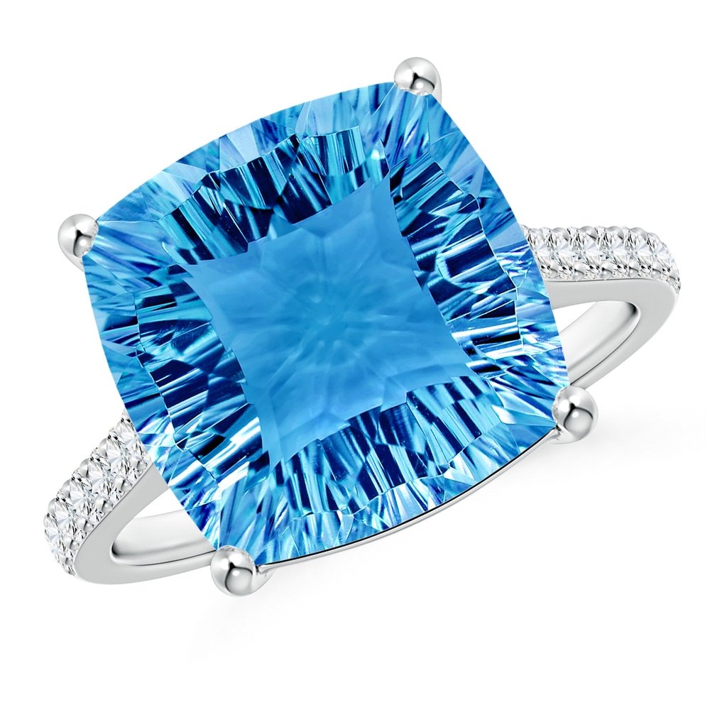 12mm AAAA Cushion Swiss Blue Topaz Cocktail Ring with Diamonds in White Gold 