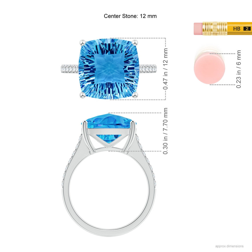12mm AAAA Cushion Swiss Blue Topaz Cocktail Ring with Diamonds in White Gold Ruler