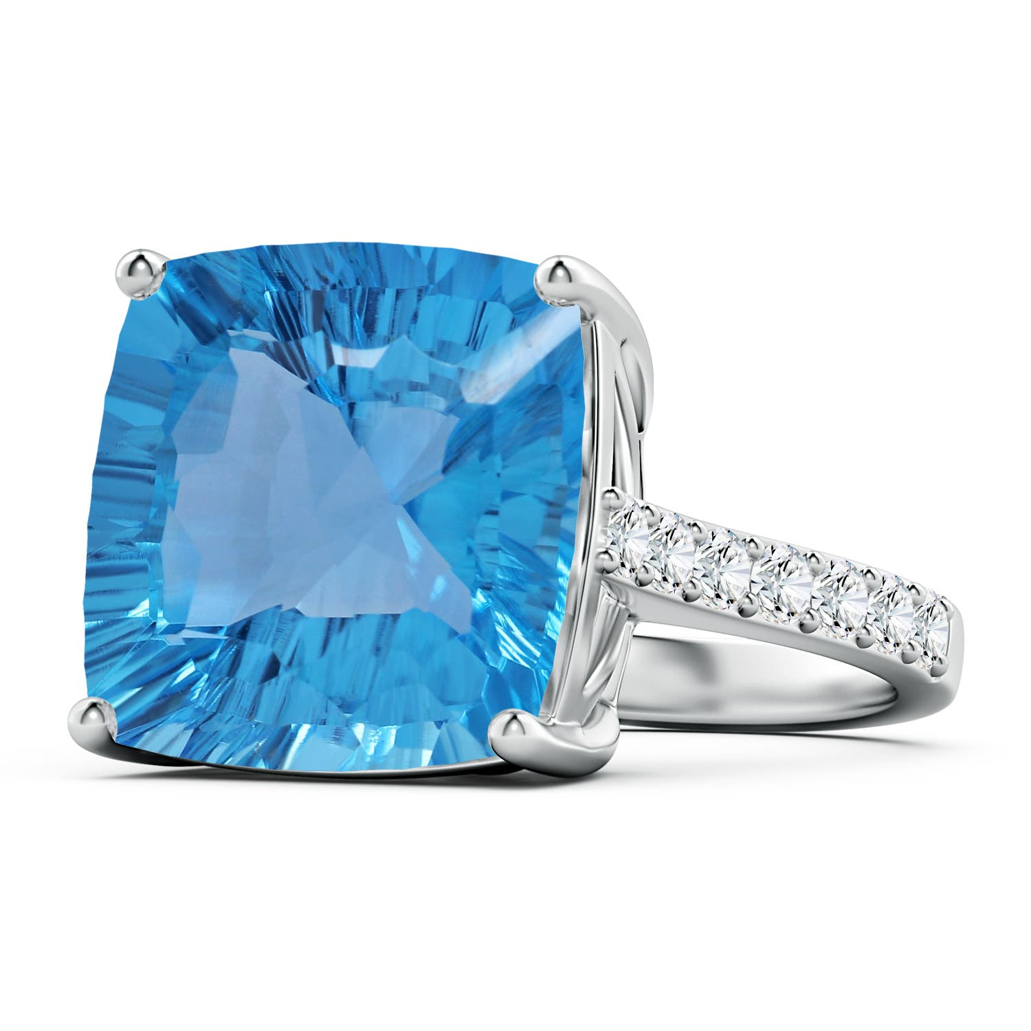 15.07x14.96x9.60mm AAAA GIA Certified Cushion Swiss Blue Topaz Cocktail Ring with Diamonds in White Gold