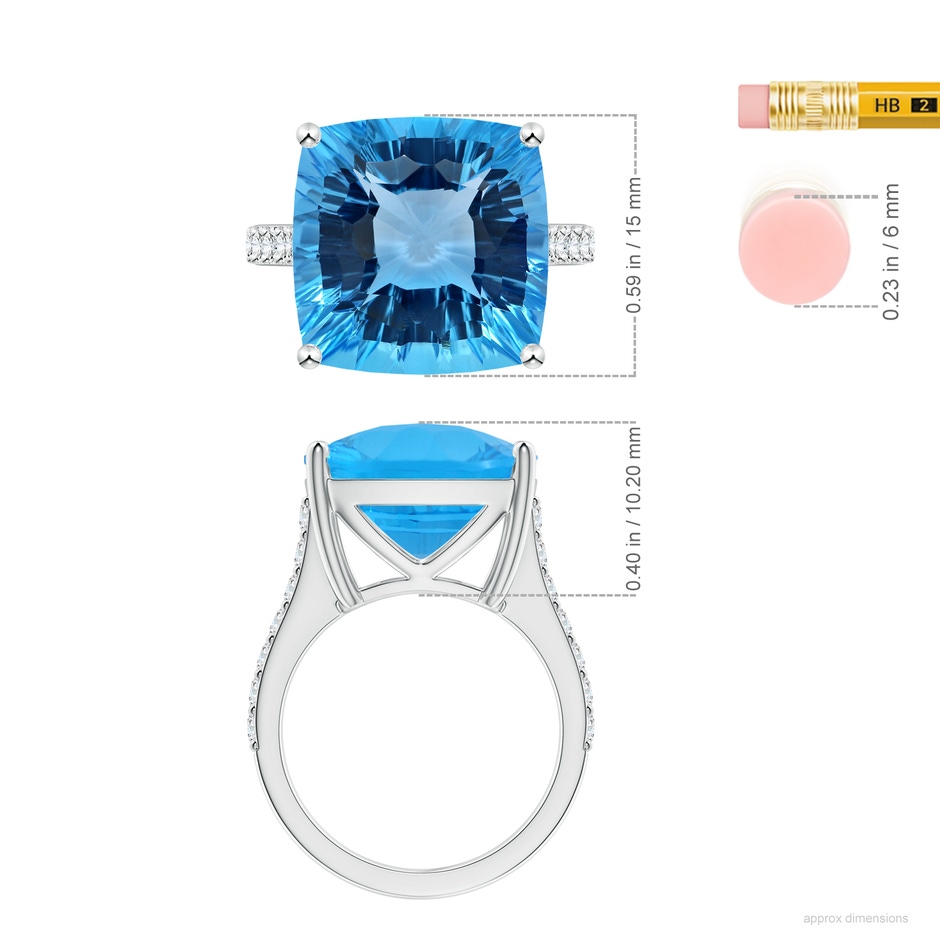 15.07x14.96x9.60mm AAAA GIA Certified Cushion Swiss Blue Topaz Cocktail Ring with Diamonds in White Gold ruler