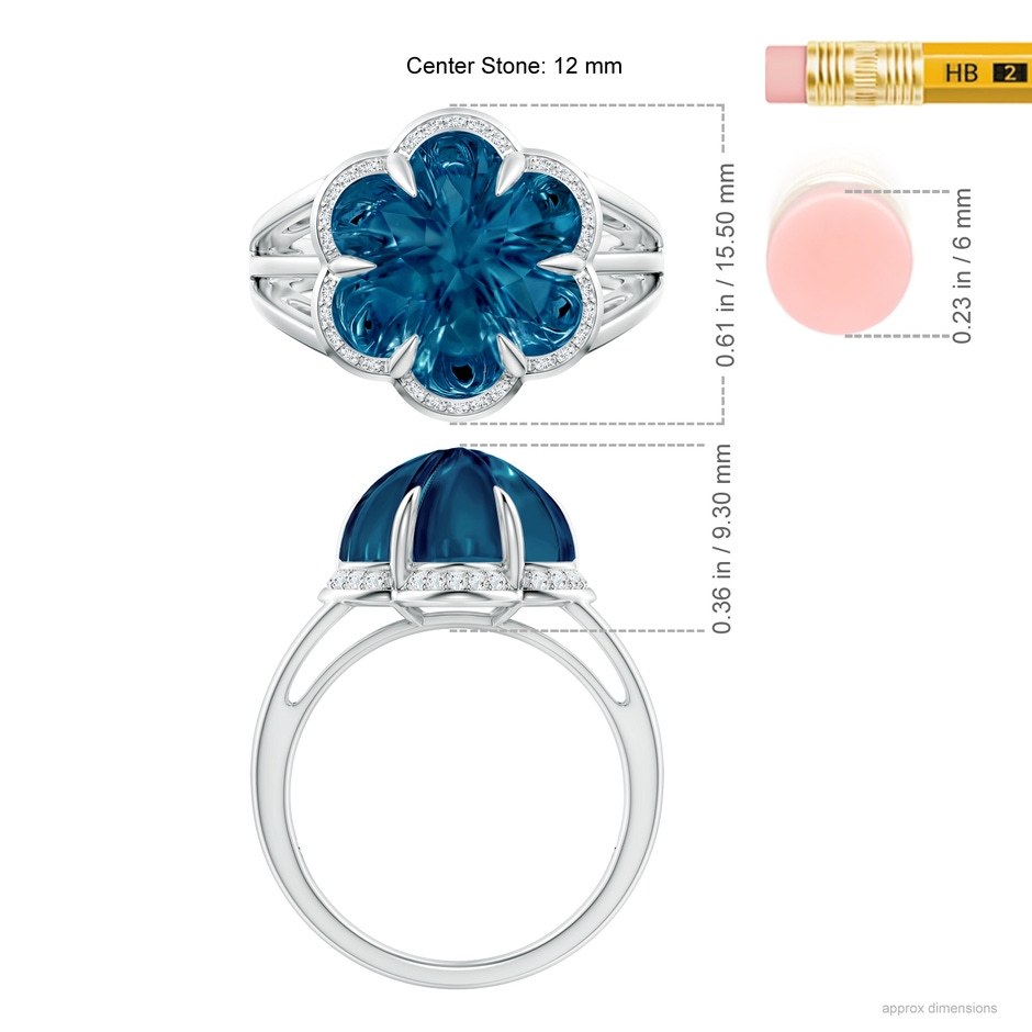 12mm AAAA Six-Petal London Blue Topaz Flower Triple Shank Cocktail Ring in White Gold ruler