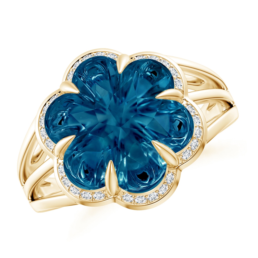 12mm AAAA Six-Petal London Blue Topaz Flower Triple Shank Cocktail Ring in Yellow Gold