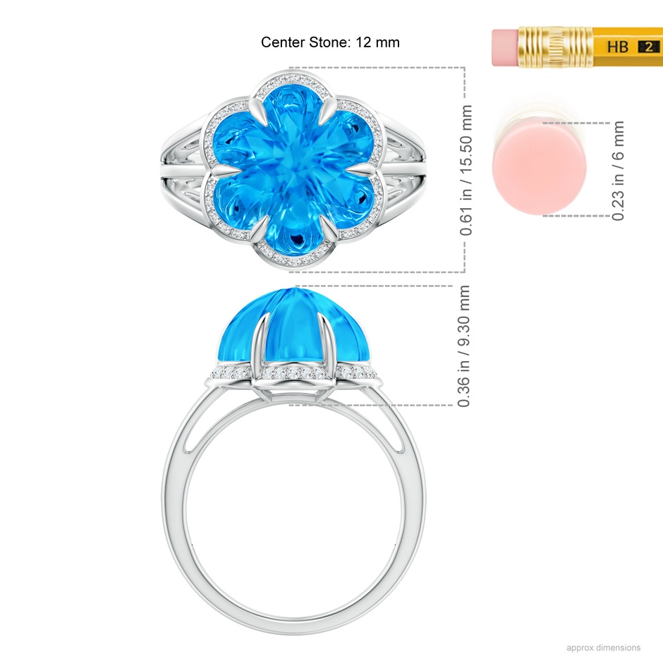 12mm AAAA Six-Petal Swiss Blue Topaz Flower Triple Shank Cocktail Ring in White Gold Ruler