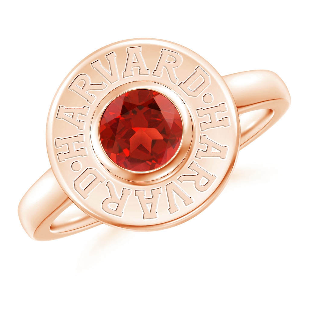 5mm AAA Harvard University Engraved Bezel-Set Garnet Solitaire Ring in Rose Gold